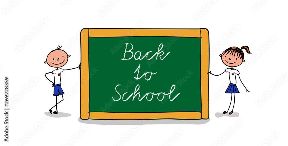 Back to school - Mädchen und Junge freuen sich über Schulbeginn und lehnen an großer Schultafel - Querformat Banner Karte Back to school - Mädchen und Junge freuen sich über Schulbeginn und lehnen an großer Schultafel - Querformat Banner Karte