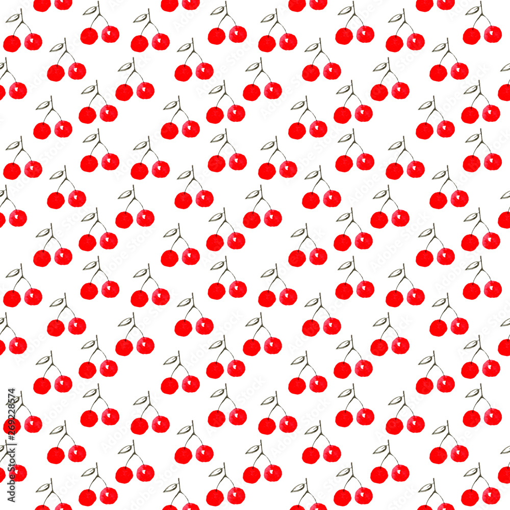 Hand drawn red color pattern. Ink sketch sweet cherry and green leaves. Summer berry background. Hand drawn red color pattern. Ink sketch sweet cherry and green leaves. Summer berry background.