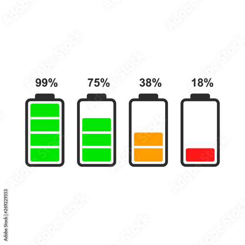Set of battery level indicator icons isolated on white background. Vector icon for ui design of phone, tablet and other devices.