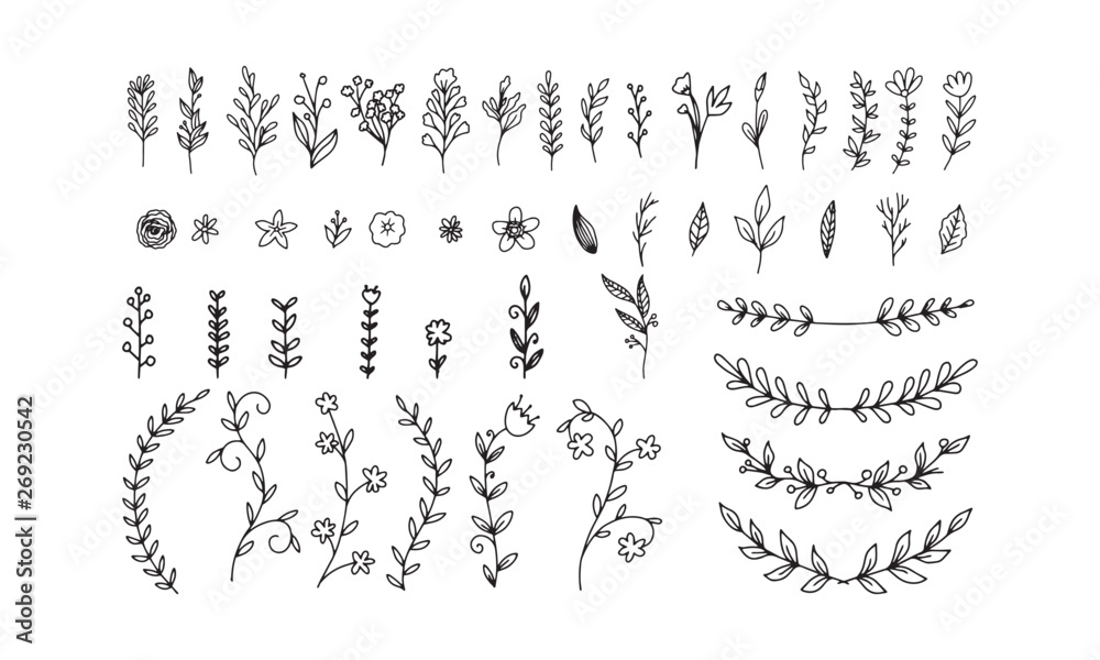 set of flower hand drawn for romantic or vintage design, floral for retro decoration like wedding invitation, kaligraphy lettering