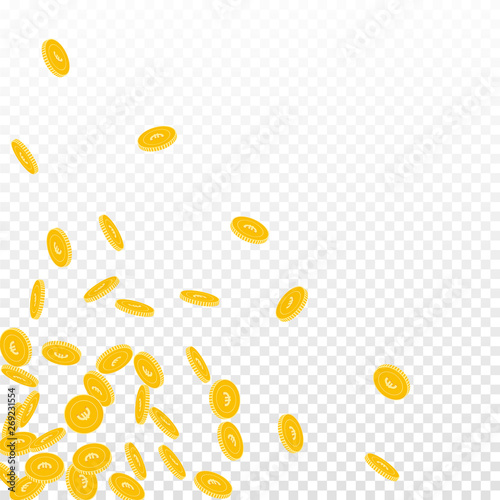 European Union Euro coins falling. Scattered small EUR coins on transparent background. Appealing scattered bottom left corner vector illustration. Jackpot or success concept.