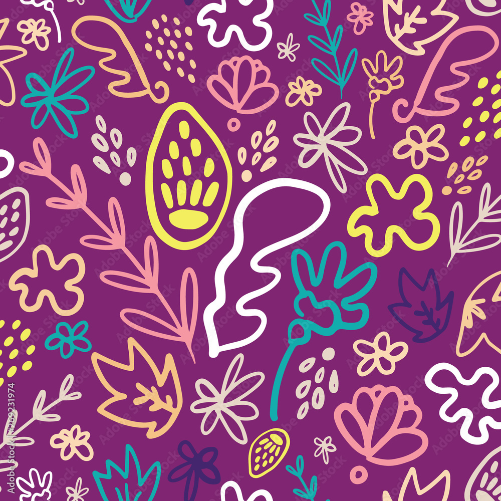 Purple potpourri floral seamless pattern. Great for modern spring and children product design, fabric, wallpaper, backgrounds, invitations, packaging design projects. Surface pattern design. Purple potpourri floral seamless pattern. Great for modern spring and children product design, fabric, wallpaper, backgrounds, invitations, packaging design projects. Surface pattern design.