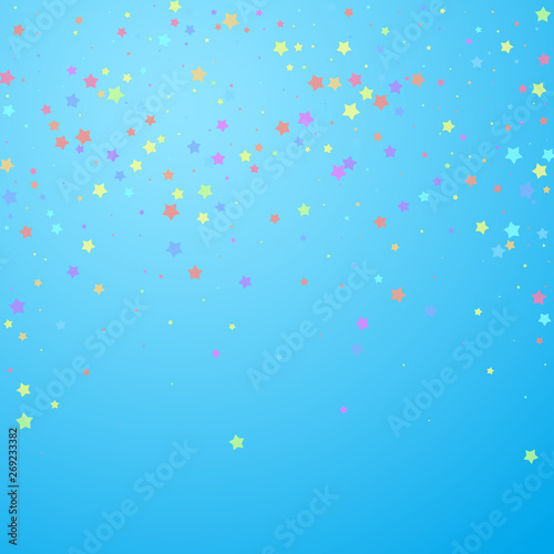 Festive confetti. Celebration stars. Colorful stars random on blue sky background. Eminent festive overlay template. Cute vector illustration.