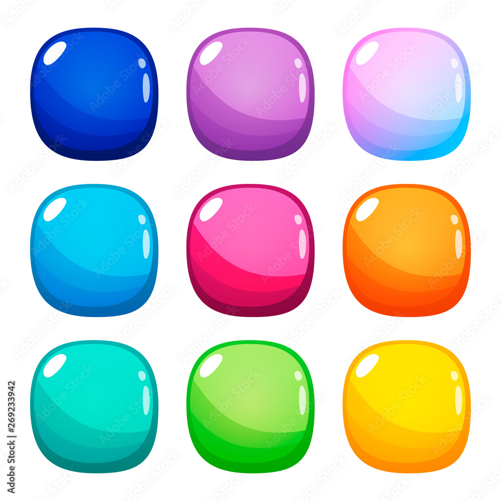 Set of nine colorful rounded square glossy buttons. Vector assets for web  or game design, app buttons, icons template isolated on white background.  Stock Vector