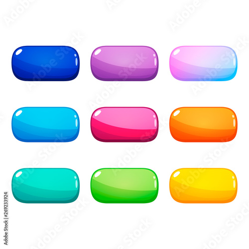 Set of nine colorful rounded rectangle glossy buttons. Vector assets for web or game design, app buttons, icons template isolated on white background.