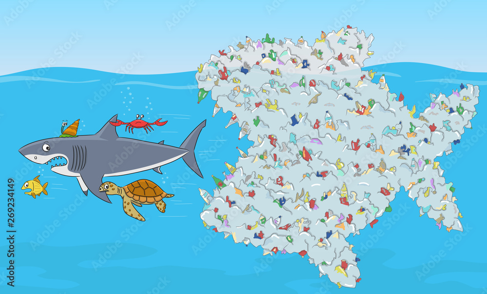 Fish composed of plastic waste. Stop ocean plastic pollution. Cartoon