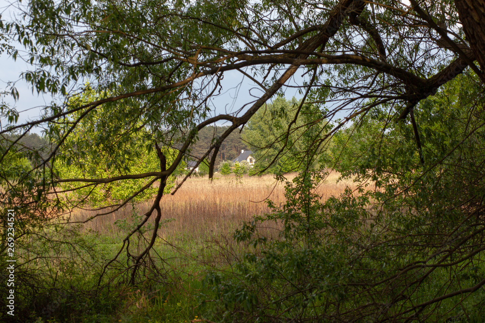 Maison au loin à travers la campagne polonaise Maison au loin à travers la campagne polonaise