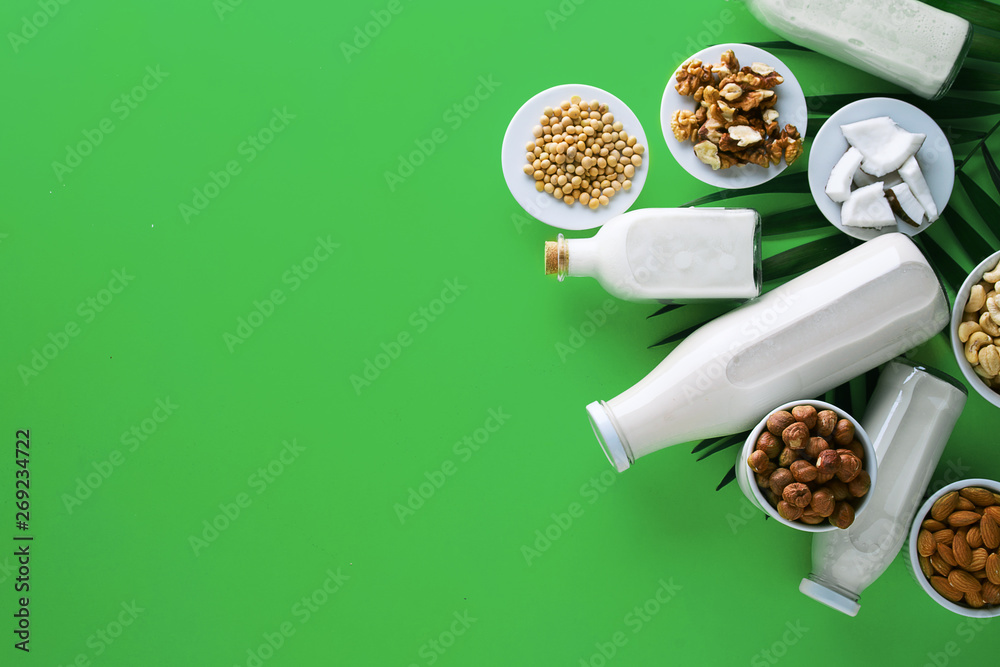 many kinds of vegetable milk in glass jars many kinds of vegetable milk in glass jars