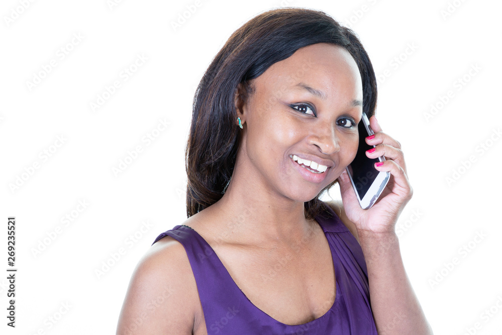 African American woman is talking on her phone on white background African American woman is talking on her phone on white background