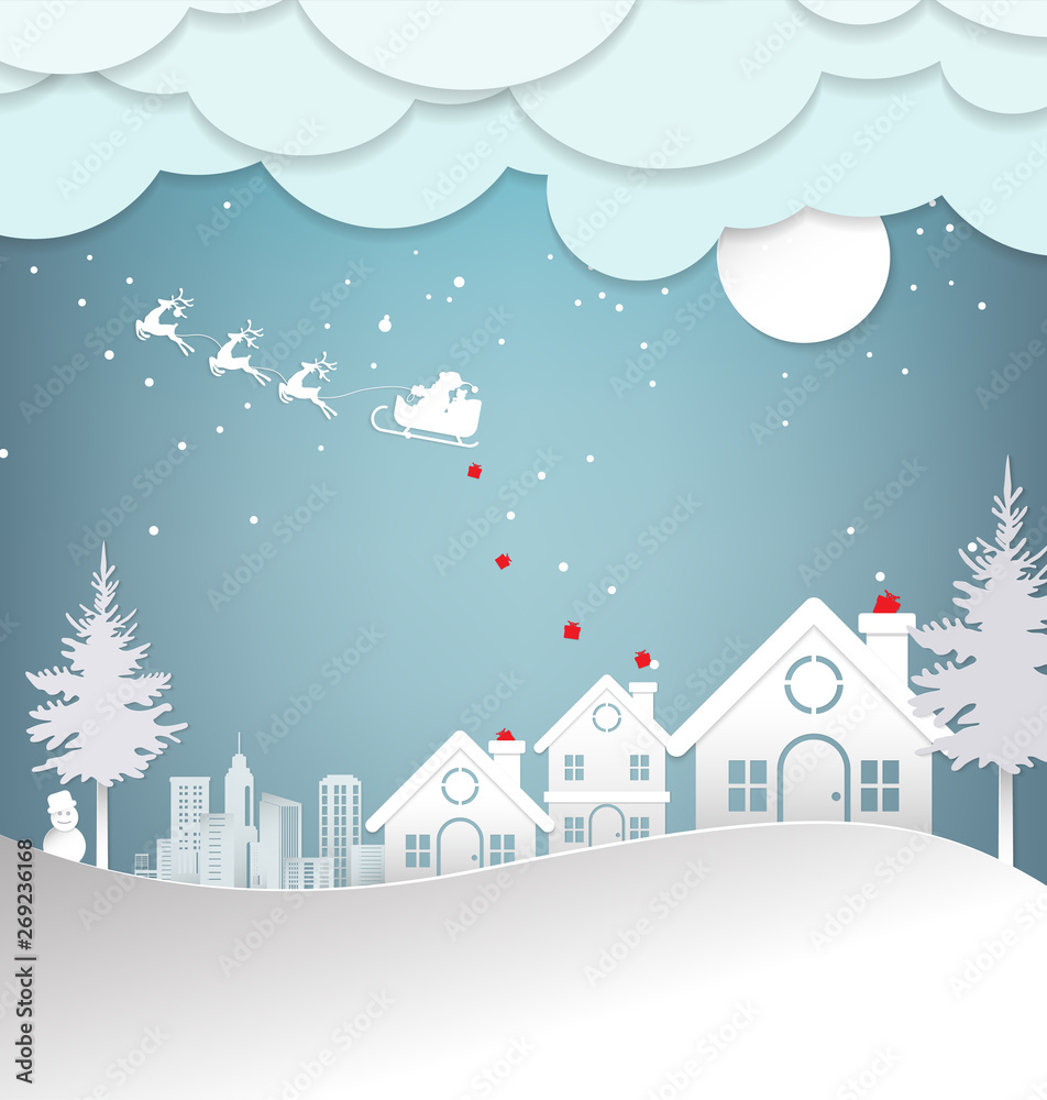 Merry Christmas and Happy New Year concept sock.Vector illustration of Santa Claus on the sky coming to City give gifts ,paper art and craft style.