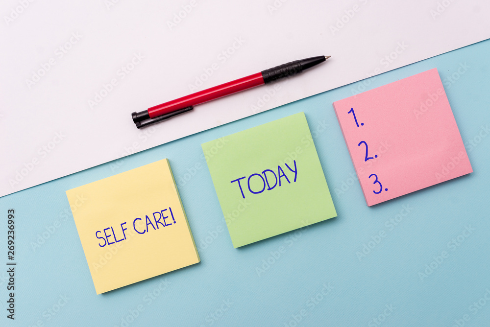 Conceptual hand writing showing Self Care. Concept meaning practice of taking action to preserve or improve ones own health Stationary placed sideways on top of the softhued backdrop Conceptual hand writing showing Self Care. Concept meaning practice of taking action to preserve or improve ones own health Stationary placed sideways on top of the softhued backdrop