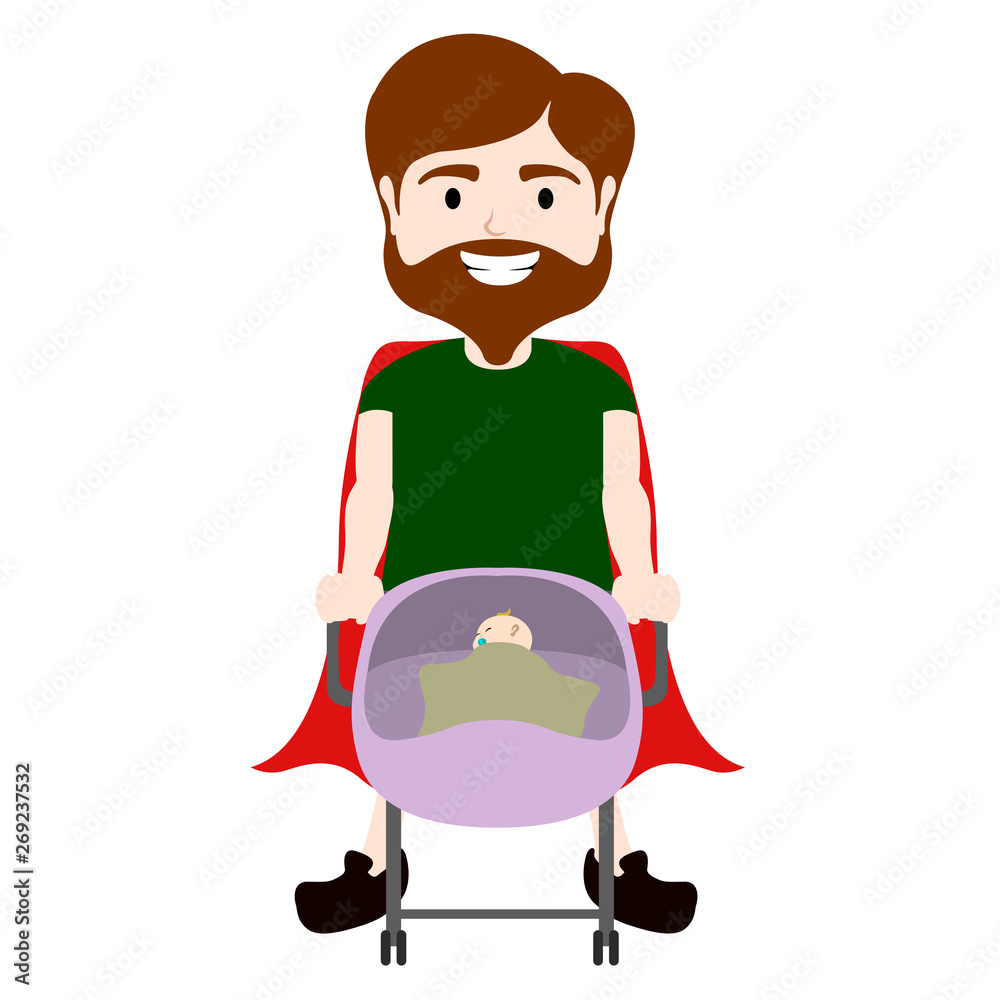 Super dad character with a baby on a stroller - Vector Super dad character with a baby on a stroller - Vector