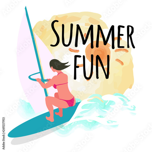 Summer fun postcard, sun and windsurfing woman, female surfing, waves vector isolated label. Person on board wearing swimsuit, surforboarder on vocation