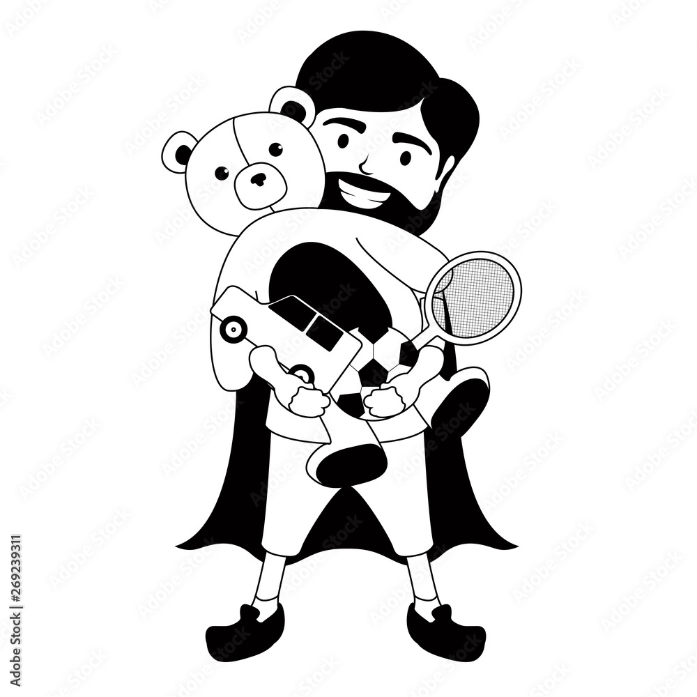 Monochrome character of a super dad with toys - Vector Monochrome character of a super dad with toys - Vector