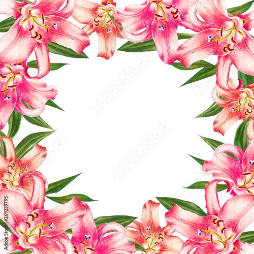 Beautiful pink lily frame. Bouquet of flowers. Floral print. Marker drawing. Watercolor painting. Wedding and birthday festive composition. Greeting card. Painted background. Hand drawn illustration.