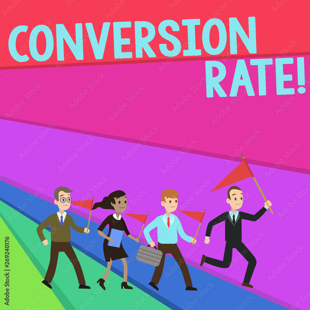 Text sign showing Conversion Rate. Business photo text number of visitors to a website that meet the desired goal People Crowd Flags Pennants Headed by Leader Running Demonstration Meeting
