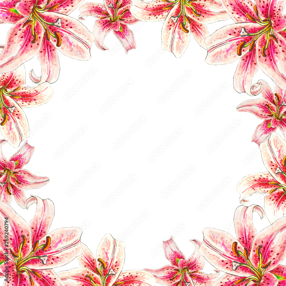 Obraz premium Beautiful pink lily frame. Bouquet of flowers. Floral print. Marker drawing. Watercolor painting. Wedding and birthday festive composition. Greeting card. Painted background. Hand drawn illustration.