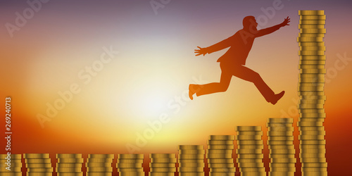 Concept de l’appât du gain, avec un homme d’affaires qui prend tous les risques pour devenir riche, en sautant la main tendu pour atteindre la fortune.