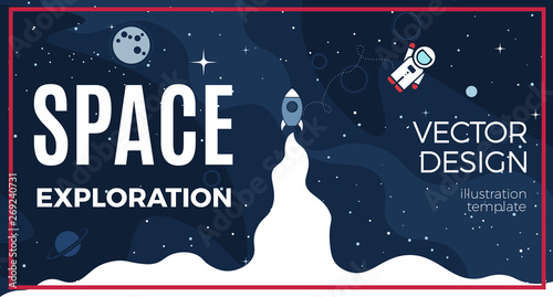 Space background with cosmos and white empty place for text. Cute template with Astronaut, Spaceship, Rocket, Moon and Stars for poster, banner web landing page or website design