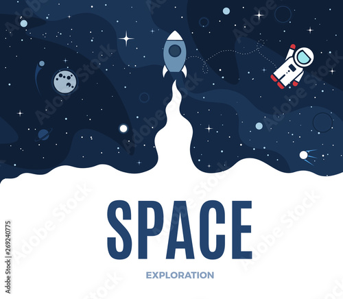 Space background with cosmos and white empty place for text. Cute template with Astronaut, Spaceship, Rocket, Moon and Stars for poster, banner web landing page or website design