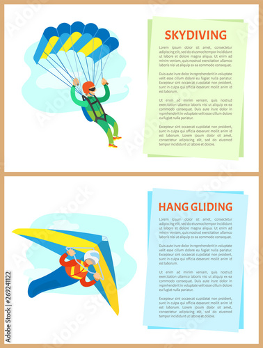 Skydiving and hang gliding vector, people leading active lifestyle, parachutist with equipment dangerous hobby of men. Posters with text sample set