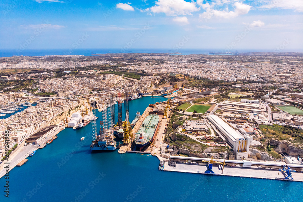 Valletta capital city of Malta. Panorama port and blue sea. Aerial top view