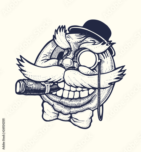 Rich aristocrat and financier. Round emoticon withmonocle, cigar, mustache, hat and bow tie. Drawing Style. Vector illustration.
