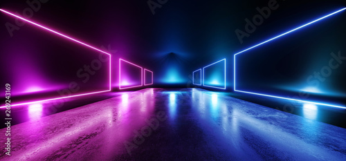 Fototapeta Naklejka Na Ścianę i Meble -  Stage Futuristic Blue Purple Neon Glow Sci Fi  VIbrant Dark Showcase Podium Virtual Reality Empty Reflection Grunge Concrete Laser 3D Rendering