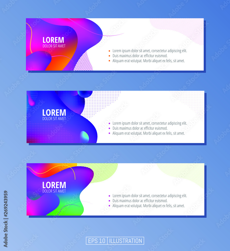 Set of abstract geometric banners. Liquid shapes background elements. Templates for banner, brochure, book cover, booklet, applications or web  design. Editable mask. Vector illustration.