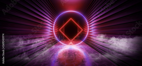 Smoke Neon Dark Stage Construction Glow Purple Red Retro Modern Sci Fi Futuristic Future Tunnel Corridor Hallway Grunge Concrete Reflection Shapes Fluorescent Lasers 3D Rendering