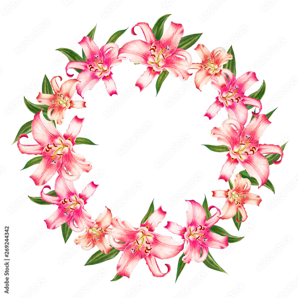 Beautiful pink lily wreath. Bouquet of flowers. Floral print. Marker drawing. Watercolor painting. Wedding and birthday festive composition. Greeting card. Painted background. Hand drawn illustration.