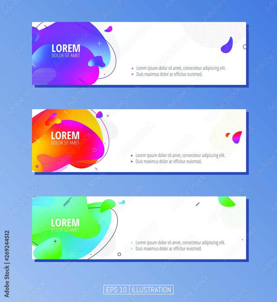 Set of abstract geometric banners. Liquid shapes background elements. Templates for banner, brochure, book cover, booklet, applications or web  design. Editable mask. Vector illustration.