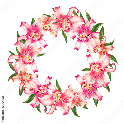 Beautiful pink lily wreath. Bouquet of flowers. Floral print. Marker drawing. Watercolor painting. Wedding and birthday festive composition. Greeting card. Painted background. Hand drawn illustration.