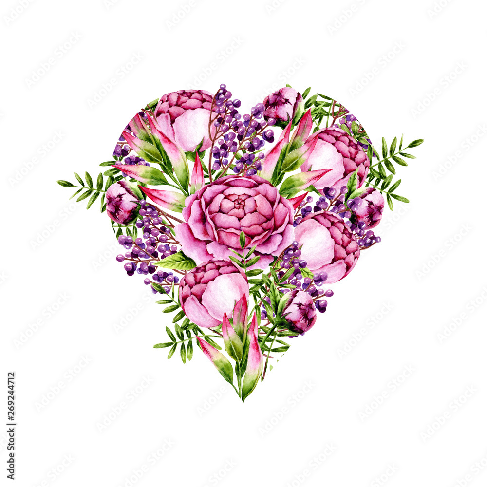 Isolated bouquet of watercolor peonies, sprigs and berries in a heart shape on white. Template with painted flowers perfect for wedding invitation, greeting card making, vintage design. Illustration