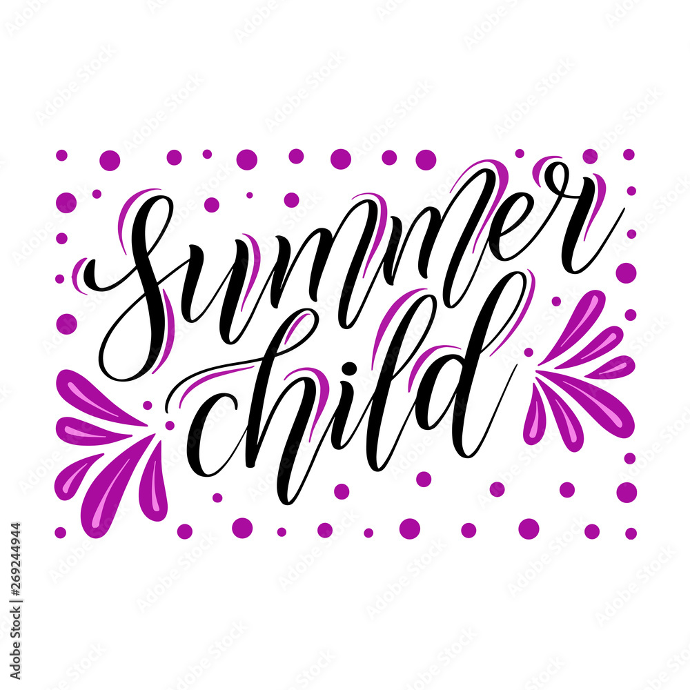 Summer child. Childish design element for seasonal children's clothes. Black isolated cursive with decorative purple ornament. Calligraphic style. Script lettering. Vector.
