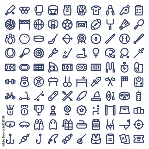 Set of 100 sport and fitness icons for Ui and web. Vector line icons.