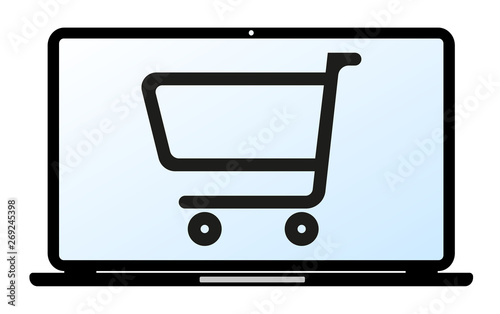 online shopping symbol or icon with shopping cart on laptop computer vector illustration