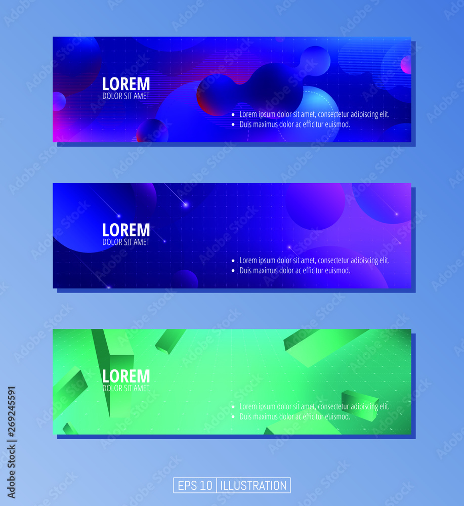 Set of abstract geometric banners. Liquid shapes background elements. Templates for banner, brochure, book cover, booklet, applications or web  design. Editable mask. Vector illustration.