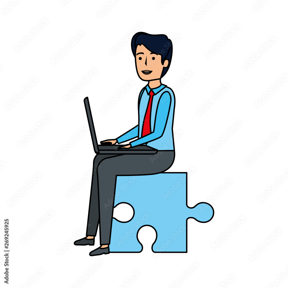 young businessman sitting in puzzle piece young businessman sitting in puzzle piece