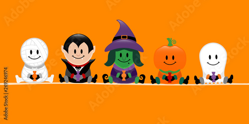 Banner Halloween Mumie, Vampir, Hexe, Kürbis Und Geist Orange