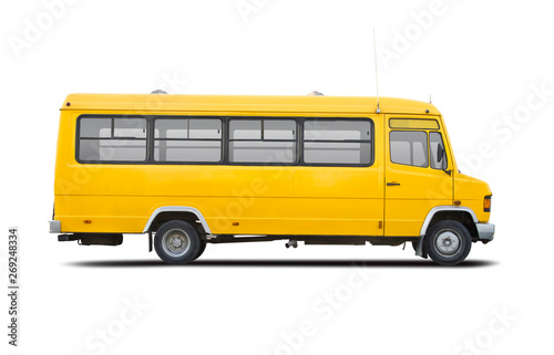 Yellow school bus side view isolated on white