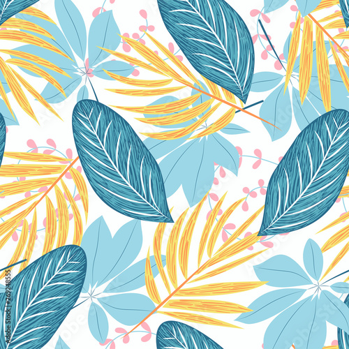 Seamless pattern with colorful tropical leaves on white background. Vector design. Jungle print. Floral background.