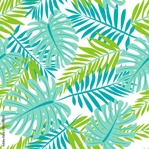 Seamless pattern with green tropical leaves on white background. Vector design. Jungle print. Floral background.