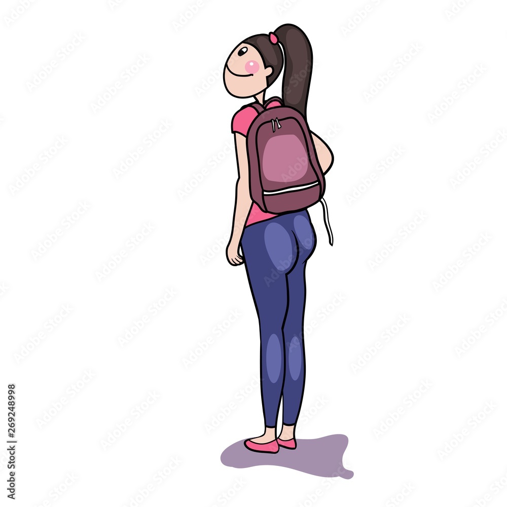 Young beautiful girl in sportswear, with a perfect figure, long hair, with a backpack on her shoulders, cartoon character, color illustration in vector Young beautiful girl in sportswear, with a perfect figure, long hair, with a backpack on her shoulders, cartoon character, color illustration in vector