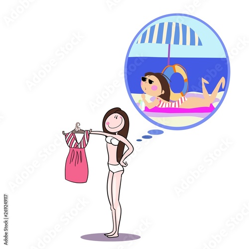 In the picture, a young slender beautiful girl in lingerie tries on a dress, at this moment thoughts and dreams slip through her head, a cartoon color illustration in vector