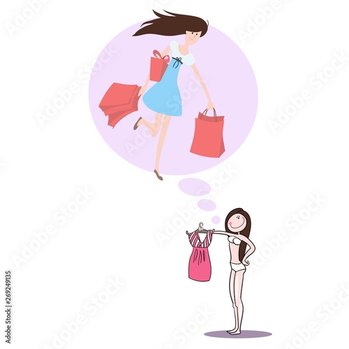 In the picture, a young slender beautiful girl in lingerie tries on a dress, at this moment thoughts and dreams slip through her head, a cartoon color illustration in vector
