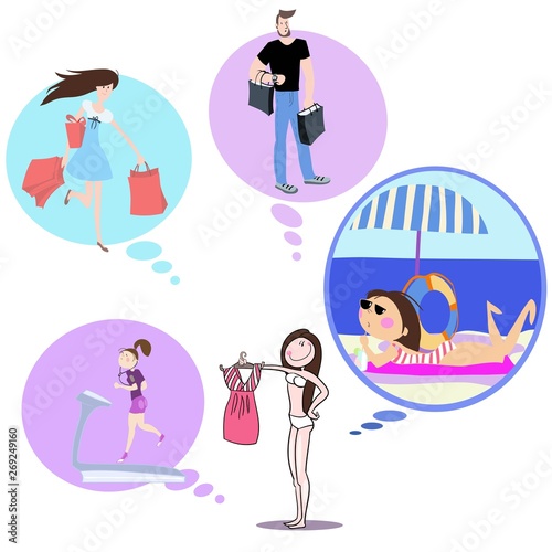 In the picture, a young slender beautiful girl in lingerie tries on a dress, at this moment thoughts and dreams slip through her head, a cartoon color illustration in vector