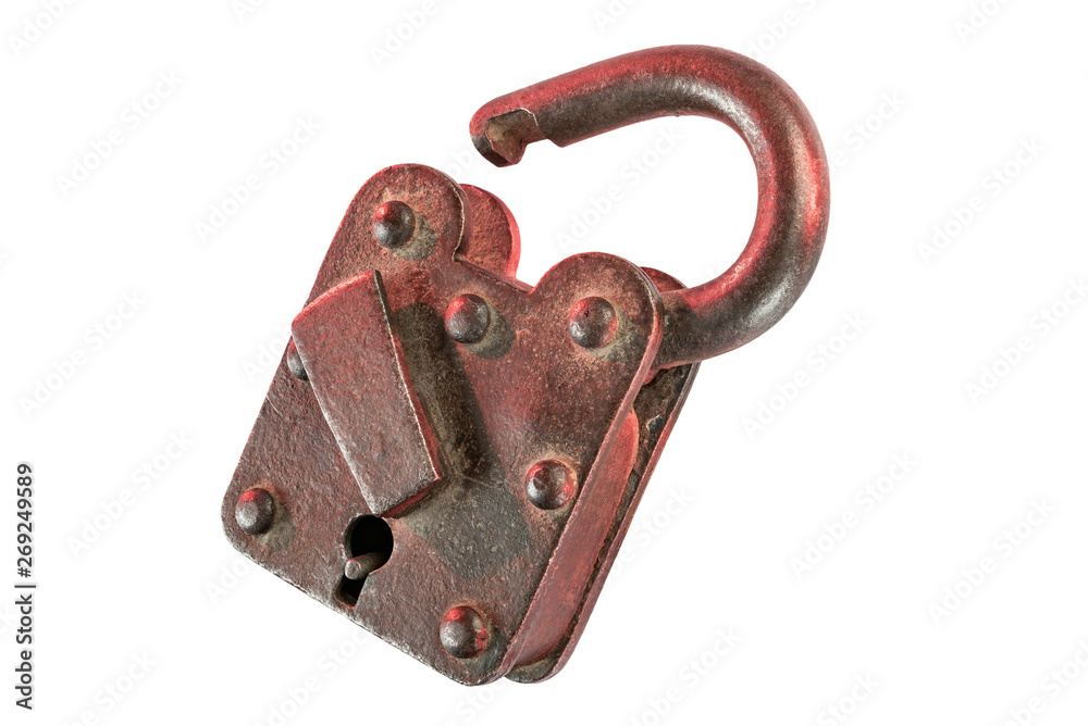 Obraz premium Old rusty padlock with clipping path. Opened vintage padlock from medieval times.