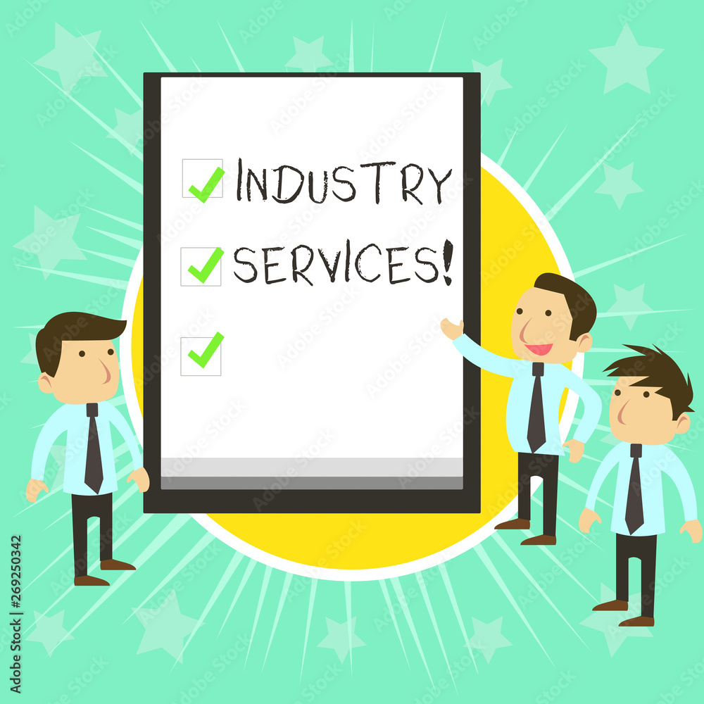 Text sign showing Industry Services. Business photo text type of business that provides services to customers Business People Colleagues Discuss Missions Presentation Whiteboard Ticks Text sign showing Industry Services. Business photo text type of business that provides services to customers Business People Colleagues Discuss Missions Presentation Whiteboard Ticks