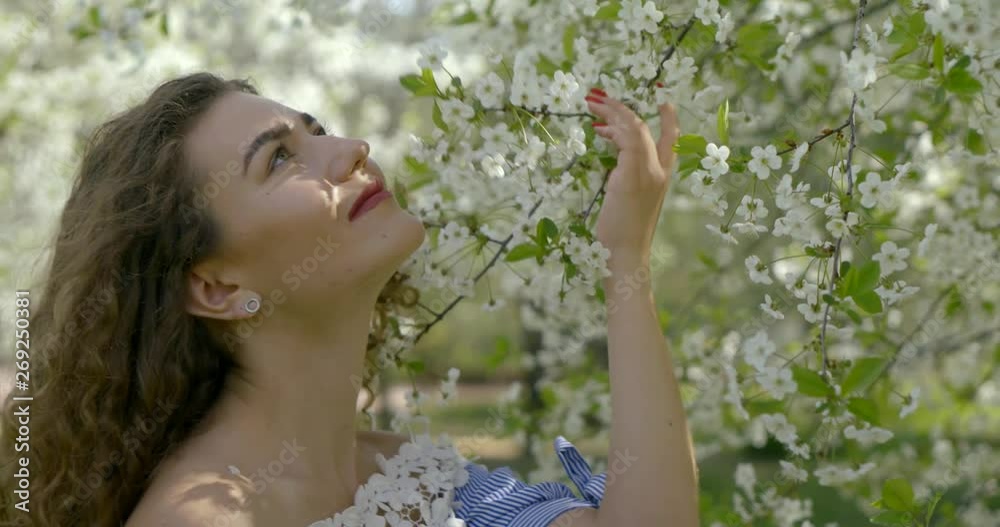 Young attractive girl with long curly hair enjoys spring cherry blossom in city Park Young attractive girl with long curly hair enjoys spring cherry blossom in city Park